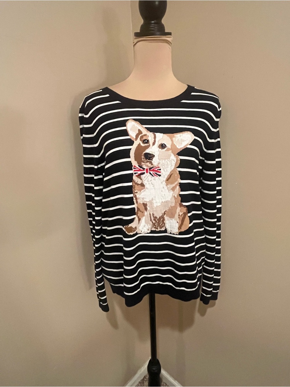 Talbots Black and White Striped Sweater with British Corgi Graphic, Medium